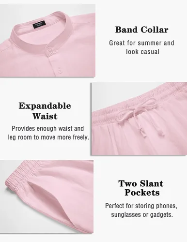 Vista 5 de COOFANDY Conjuntos de lino para hombre, 2 piezas, camisa de manga larga y pantalones cortos casuales con cordón en la cintura, trajes de verano