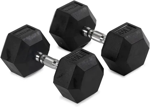 Vista 19 de Titan Fitness Pair Rubber Coated Hex Dumbbells, Roll-Resistant Hexagonal Free Weights, Chrome-Coated Handles with Knurling, Strength Training