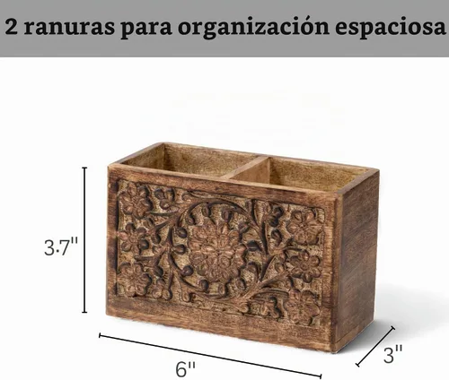 Vista 5 de Mie Creations Soporte rústico para lápices con 2 ranuras para organizador de escritorio, soporte de madera tallada a mano para mesa de escritorio