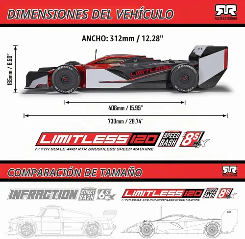 Vista 9 de ARRMA RC Race Car 1/7 Limitless 120 8S BLX Speed Machine RTR con AVC, Rojo/Negro, ARA7816T1