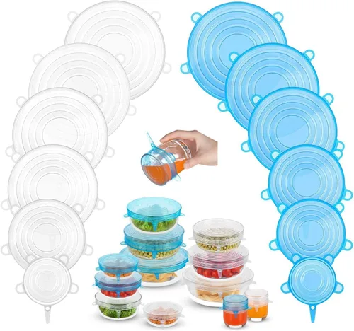 Vista 6 de Pequeñas tapas elásticas de silicona, 12 piezas de 2.6"/6.5cm, tapas de contenedor de silicona reutilizables sin desperdicio para tarros, cuencos