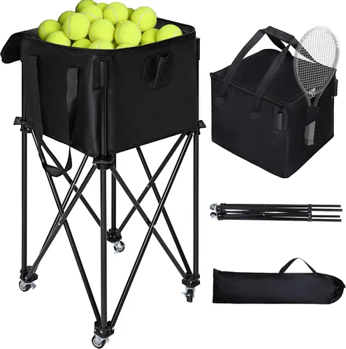 Vista 10 de Tolva portátil para pelotas de tenis con capacidad para 200 bolas, carrito de canasta de pelota de tenis con 4 ruedas y frenos, bolsa de tela Oxford