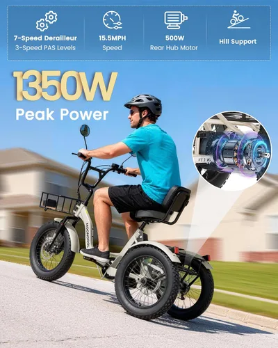 Vista 4 de MOONCOOL Triciclo eléctrico para adultos, 20 x 4 pulgadas, triciclo eléctrico con neumáticos gruesos, bicicleta eléctrica de 3 ruedas de 48 V, 500