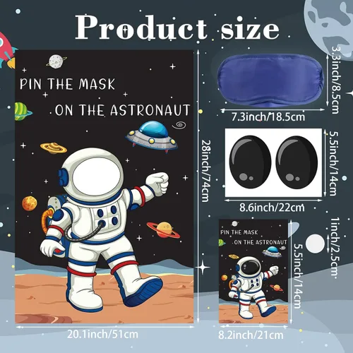 Vista 6 de Hooqict Pin The Mask on The Astronaut Space Party Games for Kids Juego de cumpleaños Astronauta Sistema Solar Decoración de fiesta temática