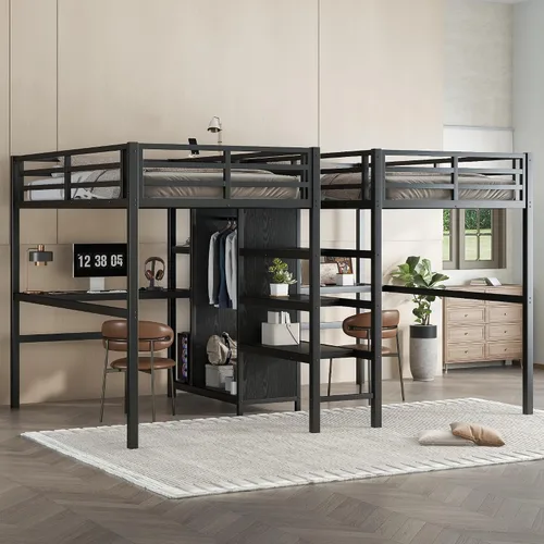 Vista 38 de Cama tipo loft en forma de L tamaño matrimonial e individual con 2 escritorios, tablero de clavijas y cajones de almacenamiento, marco de cama