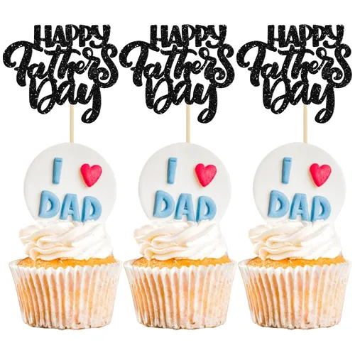 Vista 16 de Gyufise 24 piezas de decoración para cupcakes con bigote con purpurina negra del mundo para el mejor papá del mundo, decoraciones para el Día
