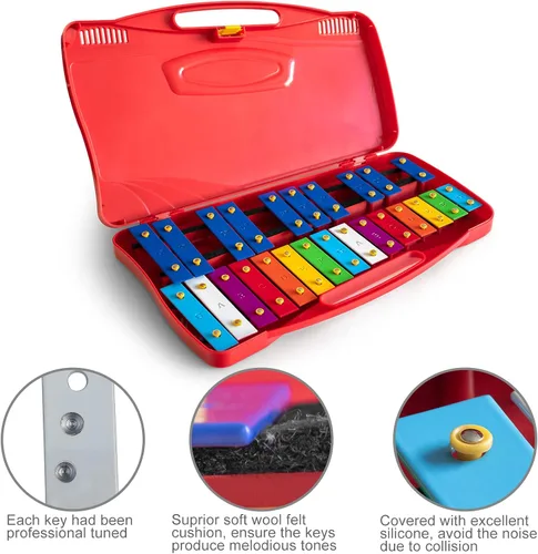 Vista 2 de MUSICUBE Xilófono profesional tipo glockenspiel para niños y adultos de 25 notas, bien afinado, instrumento de percusión Orff para bebés y niños