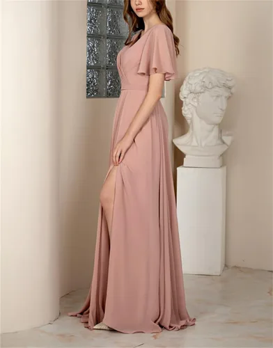 Vista 4 de Flutter Sleeve Bridesmaid Dresses with Pockets V Neck Chiffon Formal Party Gowns with Slit