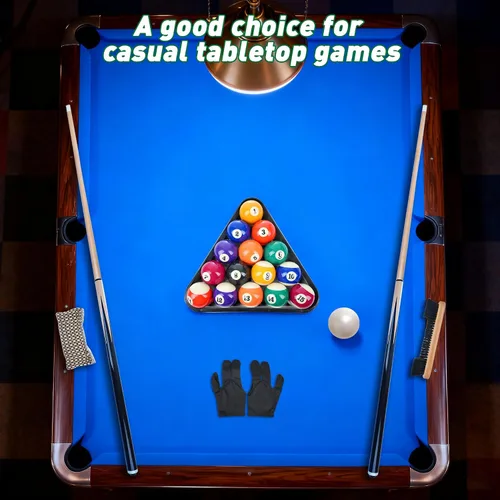Vista 5 de Accesorios para mesa de billar, juego de bolas de billar, juego de palos de billar, incluye bolas, estante triangular, tacos, tiza, puntas