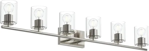 Vista 20 de Progress Lighting Lámpara moderna de tocador de baño de cristal blanco grabado con 4 luces, colección Replay, níquel cepillado (P2160-09)