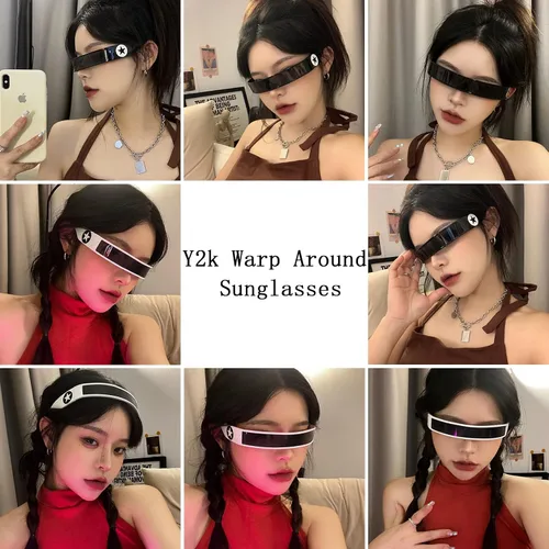 Vista 7 de Dollger Gafas de sol envolventes futuristas sin montura para mujeres y hombres, Y2k Fashion CyberPunk de una pieza, visera de cíclope espacial