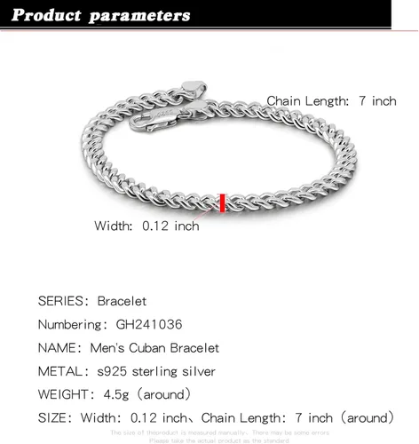 Vista 2 de H&Beautimer Pulsera de plata de ley 925 maciza para hombre y mujer, 3-0.157-0.197 in, pulsera de cadena cubana, unisex, joyería de fiesta, pulsera