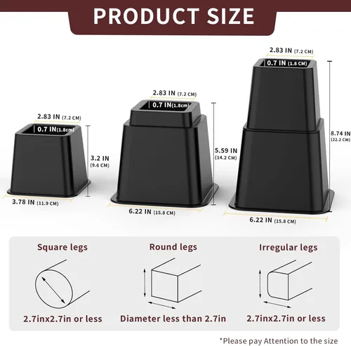 Vista 2 de Elevadores de cama ajustables de 3, 5, 8 pulgadas, resistentes, apilables, juego de 4 elevadores de cama para sofá, silla, mesa y escritorio