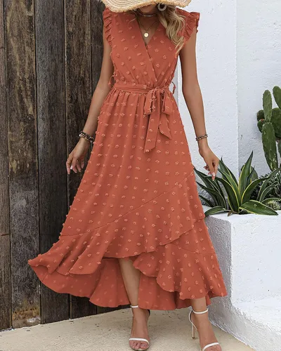 Vista 3 de BTFBM Vestido de verano cruzado con cuello en V para mujer, manga con volantes, lunares suizos, bohemio, con volantes, abertura en la playa, fiesta