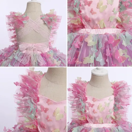 Vista 6 de IDOPIP Vestido de tutú de mariposa para bebé, sin mangas, sin espalda, de encaje, princesa, vestido de fiesta de cumpleaños con diadema