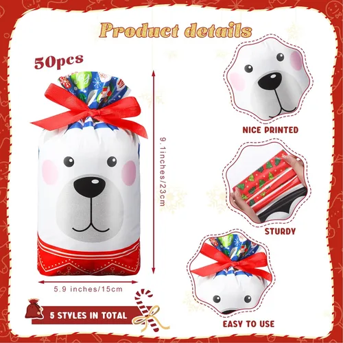 Vista 2 de Funrous 50 bolsas de dulces de Navidad a granel, bolsas de plástico con cordón de regalo, alce, muñeco de nieve, pingüino, bolsas de regalos