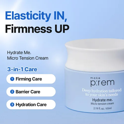 Vista 3 de MAKE P:REM Hydrate Me. Crema de micro tensión, tipo gel acuoso hidratante, crema facial hidratante con acabado no pegajoso para piel seca, sensible