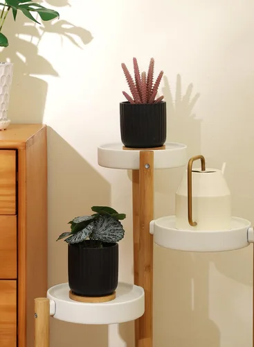 Vista 7 de Macetas pequeñas de 4 pulgadas para interiores, maceta de cerámica con orificio de drenaje y bandeja, maceta moderna con patrón vertical