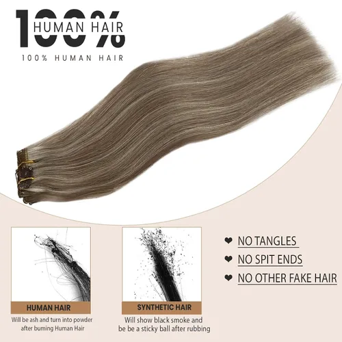 Vista 2 de Extensiones de cabello humano real con clip, de 12 pulgadas, para mujer, color rubio plateado, balayage, 2.47 oz, 7