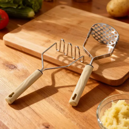 Vista 2 de Triturador de patatas de acero inoxidable, 2 piezas de puré de papas resistente, herramienta de cocina y trituradora de alimentos para papas
