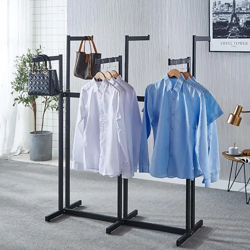 Vista 2 de Perchero de pie de metal para ropa - Estantes de exhibición resistentes para uso comercial con ruedas, perchero de ropa de 6 brazos, perchas