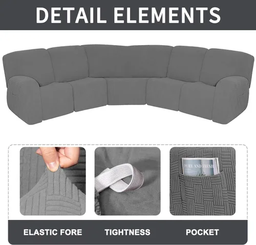 Vista 7 de Fundas de sofá reclinable de jacquard elástico de 7 piezas, funda de sofá esquinero de 5 asientos, en forma de L, fundas de sofá reclinable