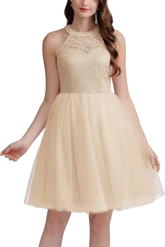 Vista 5 de Dressystar - Vestido corto de fiesta con escote halter para mujer, vestido de graduación de tul y encaje