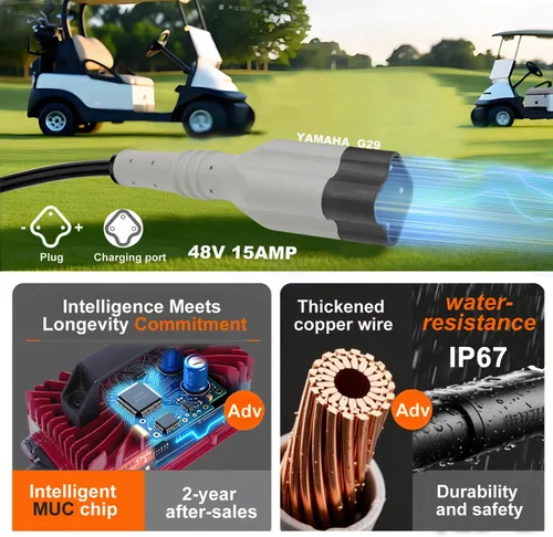 Vista 4 de Cargador de batería para carrito de golf de 48 V y 15 amperios para Yamaha G29 con enchufe de hoja de 3 pines mejorado, cargador inteligente