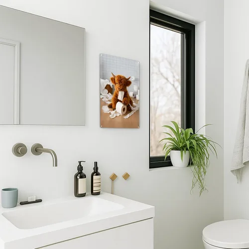 Vista 4 de Madewell Living Divertido letrero de metal de vaca de las montañas, arte de pared, decoración rústica de baño, fotos de vaca marrón para baño, baño