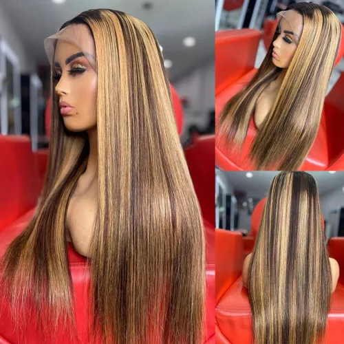 Vista 8 de Peluca de cabello humano con encaje frontal de alta definición 13x4, color rubio miel, con reflejos degradados, lacio, con cabello prearrancado, 26