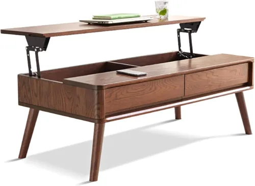 Vista 11 de Mesa auxiliar elevable con almacenamiento, mesa de centro elevadora de madera de roble 100% maciza, mesa de centro de madera de 39 pulgadas