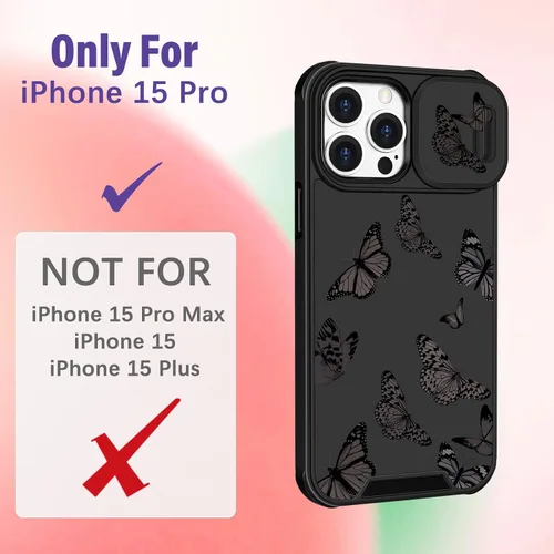 Vista 2 de Funermei Funda 2 en 1 para iPhone 15 Pro con diseño de mariposa para mujeres y niñas, bonita funda kawaii para adolescentes, diseño estético negro