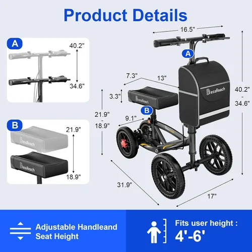 Vista 2 de BlessReach Patinete de rodilla plegable todo terreno - Andador de rodilla económico para lesiones en los pies, alternativa compacta a las muletas