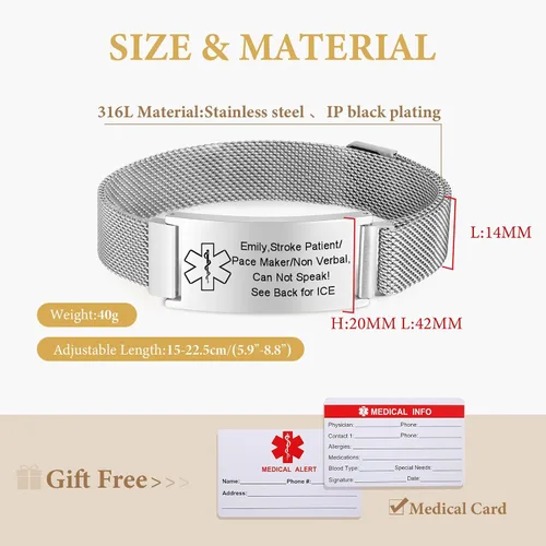 Vista 18 de VNOX Pulsera de identificación de alerta médica para hombres y mujeres, pulseras de alerta médica con grabado personalizado para mujeres y hombres