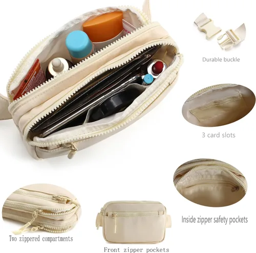 Vista 4 de Riñoneras con 4 bolsillos con cremallera, correas ajustables para mujeres y hombres, cintura cruzada para entrenamiento, senderismo, correr, Beige