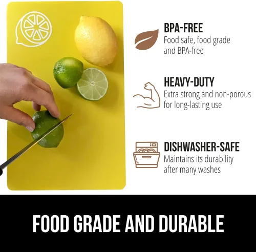Vista 5 de GORILLA GRIP Juego de 4 tablas de cortar flexibles 100% sin BPA, alfombrillas de plástico duraderas con iconos de alimentos para preparar comidas