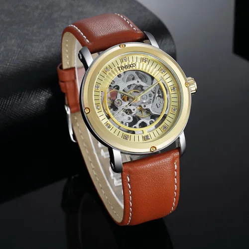 Vista 3 de TIME100 Relojes de pulsera mecánicos analógicos con esfera grabada hueca para hombre, Reloj mecánico de cuerda automática para hombre