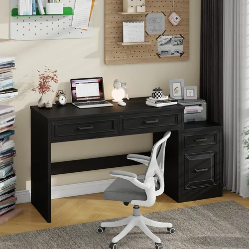 Vista 4 de Vabches Escritorio para computadora de granja de 61 pulgadas con cajón de almacenamiento y archivos, color negro Escritorios ejecutivos