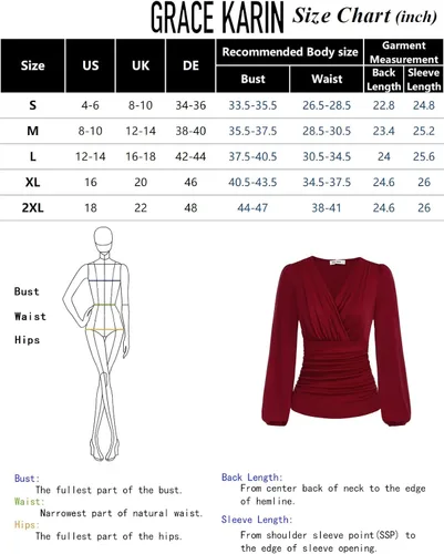 Vista 4 de GRACE KARIN 2024 - Blusa elegante para mujer, cuello en V, manga larga, casual, fruncida