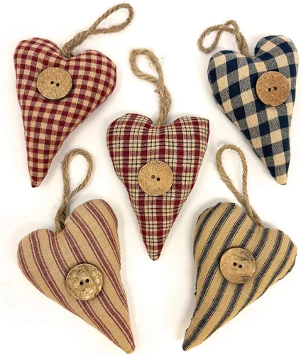 Vista 6 de Juego de 5 adornos de algodón hechos en casa con corazón y estrella americana, a cuadros y rayas, para Navidad, San Valentín o boda, con botón