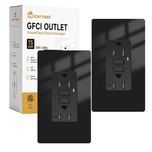 Vista 48 de Toma GFCI negra de 15 amperios con puertos USB C y USB-A, 1 unidad de 24 W de autotprueba GFCI USB Combo con indicador LED, resistente a