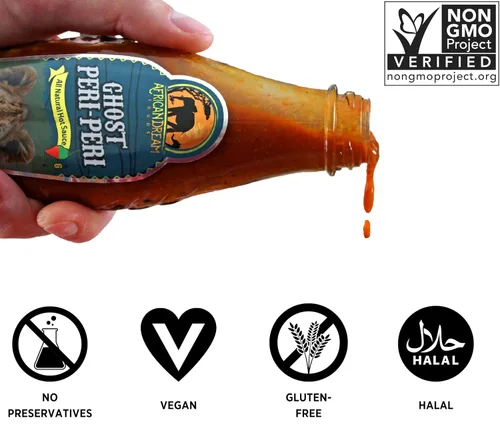 Vista 3 de Ghost Peri-Peri Salsa picante de African Dream Foods Salsa piri-piri picante totalmente natural con pimientos fantasma africanos Vegana, sin