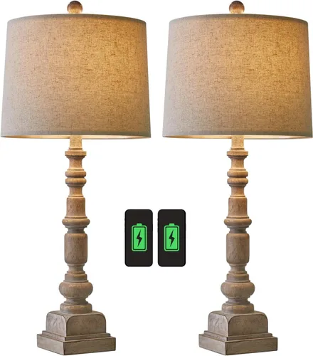 Vista 9 de Oneach Juego de 2 lámparas de mesa USB vintage de 27.75 pulgadas para sala de estar, dormitorio, lámpara tradicional de mesita de noche con doble