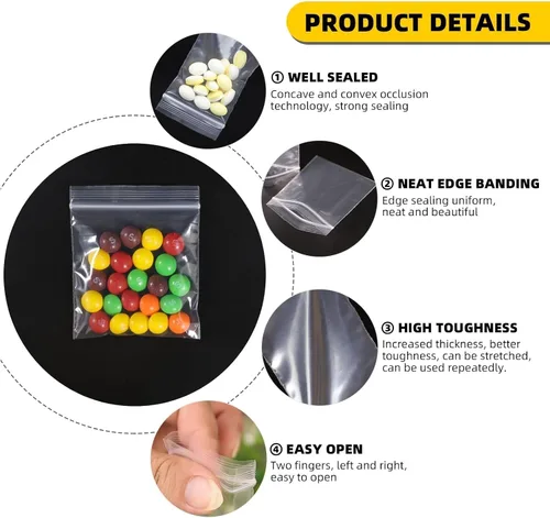 Vista 4 de Mini bolsas de plástico, 1000 unidades de 1.5 x 1.5 pulgadas, bolsas de almacenamiento reutilizables transparentes con cremallera para joyas