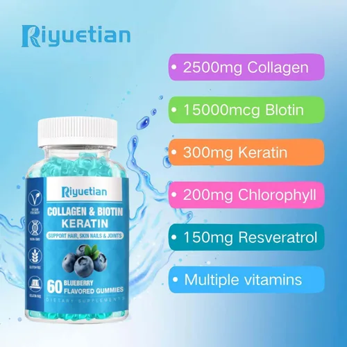 Vista 8 de Gomitas de biotina de 15000 mcg con colágeno para adultos, mujeres y hombres - Gomitas para cabello, piel y uñas con biotina - Colágeno para mujer