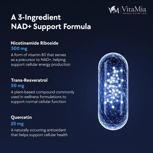 Vista 4 de VitaMia NAD+ Complex Booster, 30 cápsulas - Suplemento NAD con ribósido de nicotinamida, resveratrol y quercetina para energía celular
