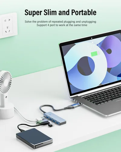 Vista 5 de Hub USB 3.0 4 puertos con USB-A/C, adaptador de aluminio de transferencia de datos de 5Gbps Expansor multipuerto ultradelgado; compatible