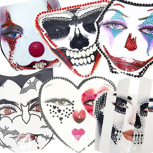 Vista 5 de Calcomanías para el Día de la Muerte, tatuajes faciales de payaso, tatuajes faciales para mujeres, paquete de 6