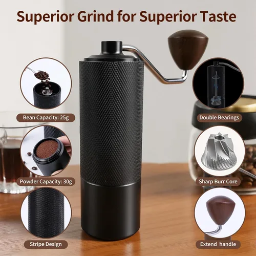 Vista 7 de Molinillo de café manual, capacidad de 0.88 oz, fresas cónicas de acero inoxidable CNC con ajuste interno ajustable, molino de café portátil