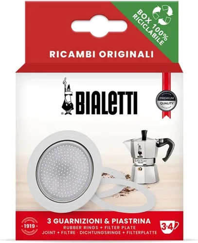 Vista 5 de Repuestos Bialetti, incluye 3 juntas y 1 placa, compatible con Moka Express, Fiammetta, Break, Happy, Dama, Moka Timer y Rainbow (6 tazas)